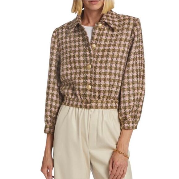 L'Agence Bridges Cropped Tweed Jacket Army Green Light Pink Multi size 14 C5